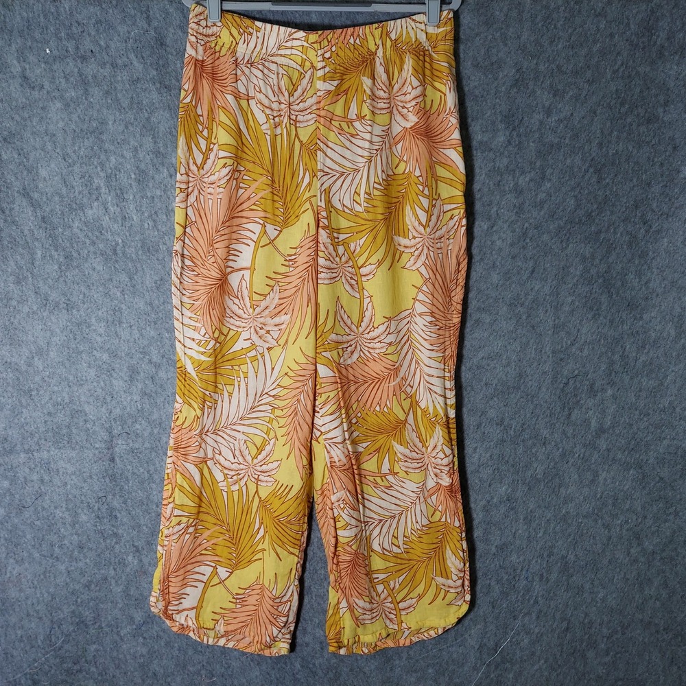 Tahari Women Pants L Yellow Coastal Tropical Island Palm Leaf Linen Split Leg